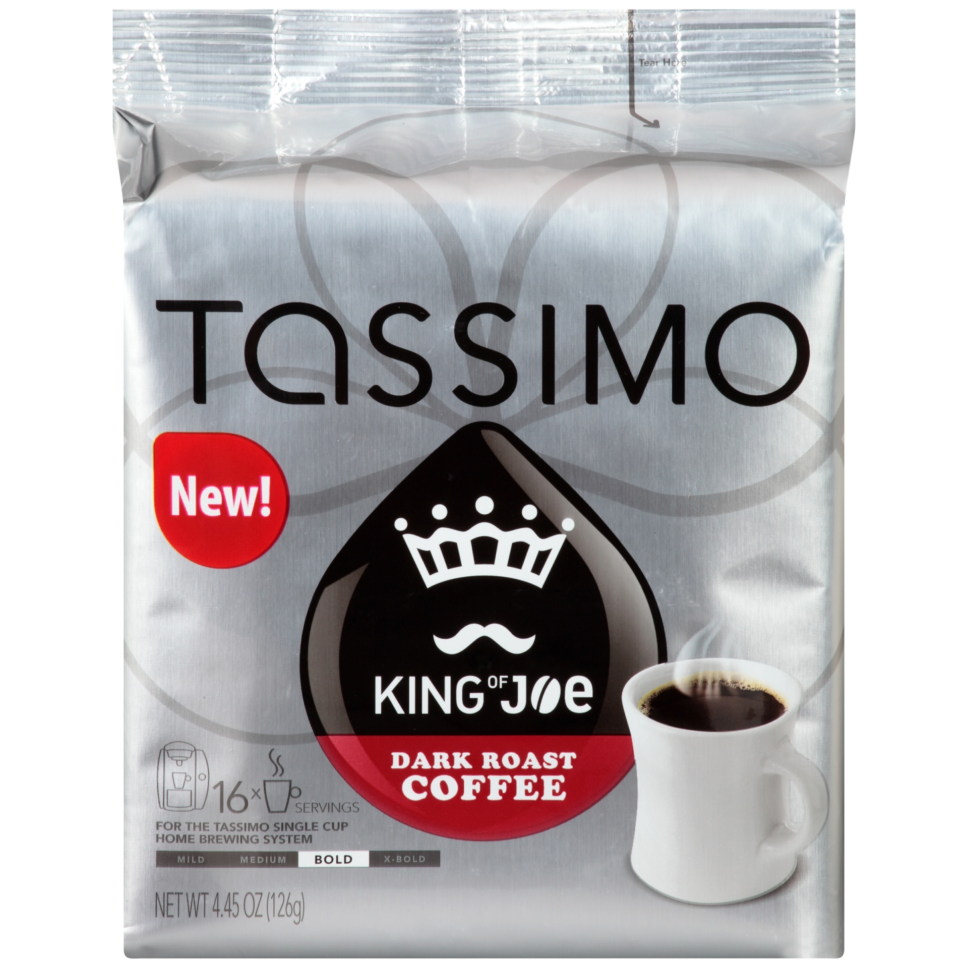 slide 1 of 2, Tassimo King of Joe Dark Roast Bold Roast Coffee T-Discs for Tassimo Single Cup Home Brewing Systems Pack, 4.5 oz