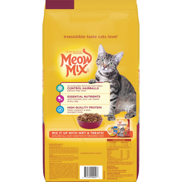 slide 7 of 10, Meow Mix Hairball Control with Flavors of Chicken, Turkey , Salmon & Ocean Fish Adult Complete & Balanced Dry Cat Food - 6.3lbs, 