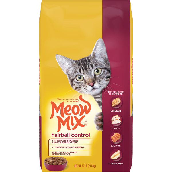 slide 10 of 10, Meow Mix Hairball Control with Flavors of Chicken, Turkey , Salmon & Ocean Fish Adult Complete & Balanced Dry Cat Food - 6.3lbs, 