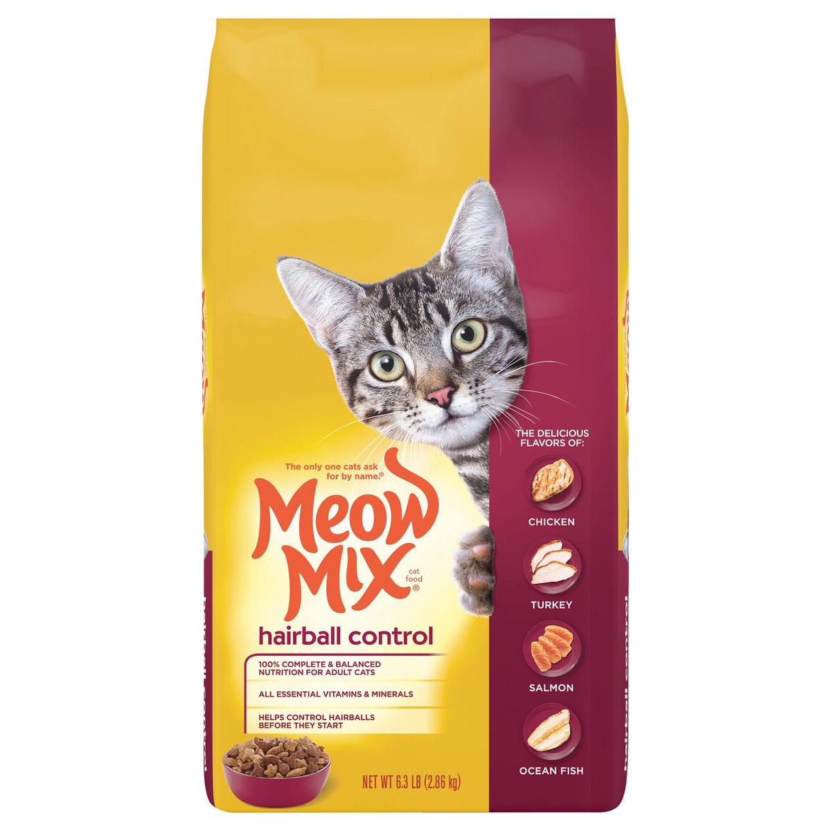 slide 1 of 10, Meow Mix Hairball Control with Flavors of Chicken, Turkey , Salmon & Ocean Fish Adult Complete & Balanced Dry Cat Food - 6.3lbs, 6.3 lb