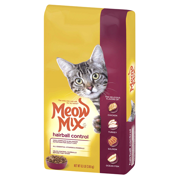 slide 1 of 1, Meow Mix Hairball Control with Flavors of Chicken, Turkey & Salmon Adult Complete & Balanced Dry Cat Food, 6.3 lb