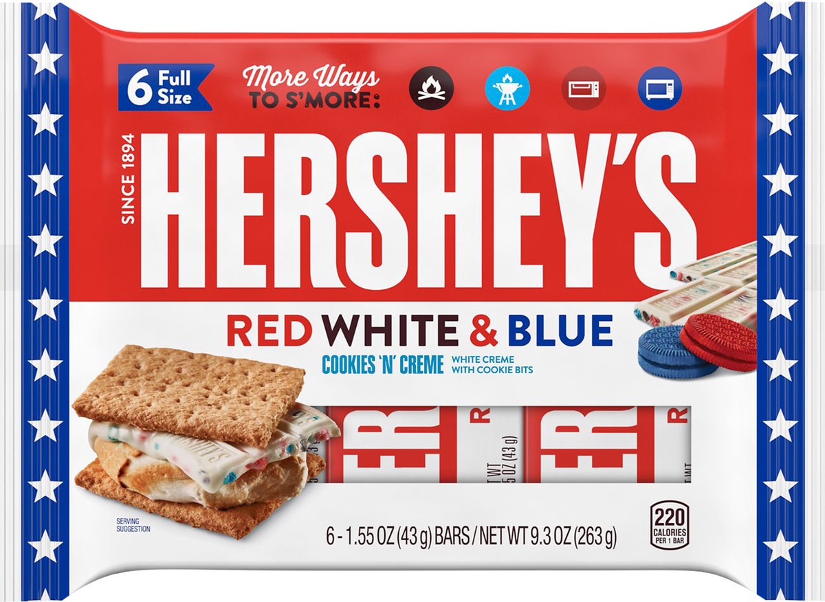 slide 3 of 3, Hershey's COOKIES 'N' CREME, Individually Wrapped Red White and Blue Candy Bars, 1.55 oz (6 Count), 1.55 oz