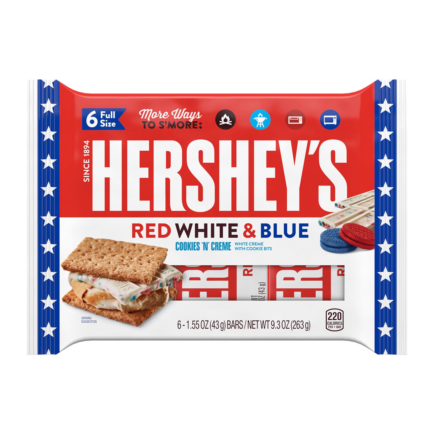 slide 1 of 3, Hershey's COOKIES 'N' CREME, Individually Wrapped Red White and Blue Candy Bars, 1.55 oz (6 Count), 1.55 oz