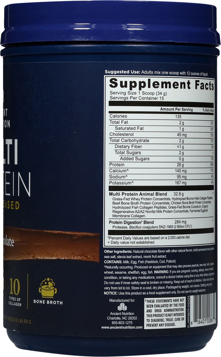 slide 2 of 14, Ancient Nutrition Multi Protein Animal Based Milk Chocolate, 511 gram