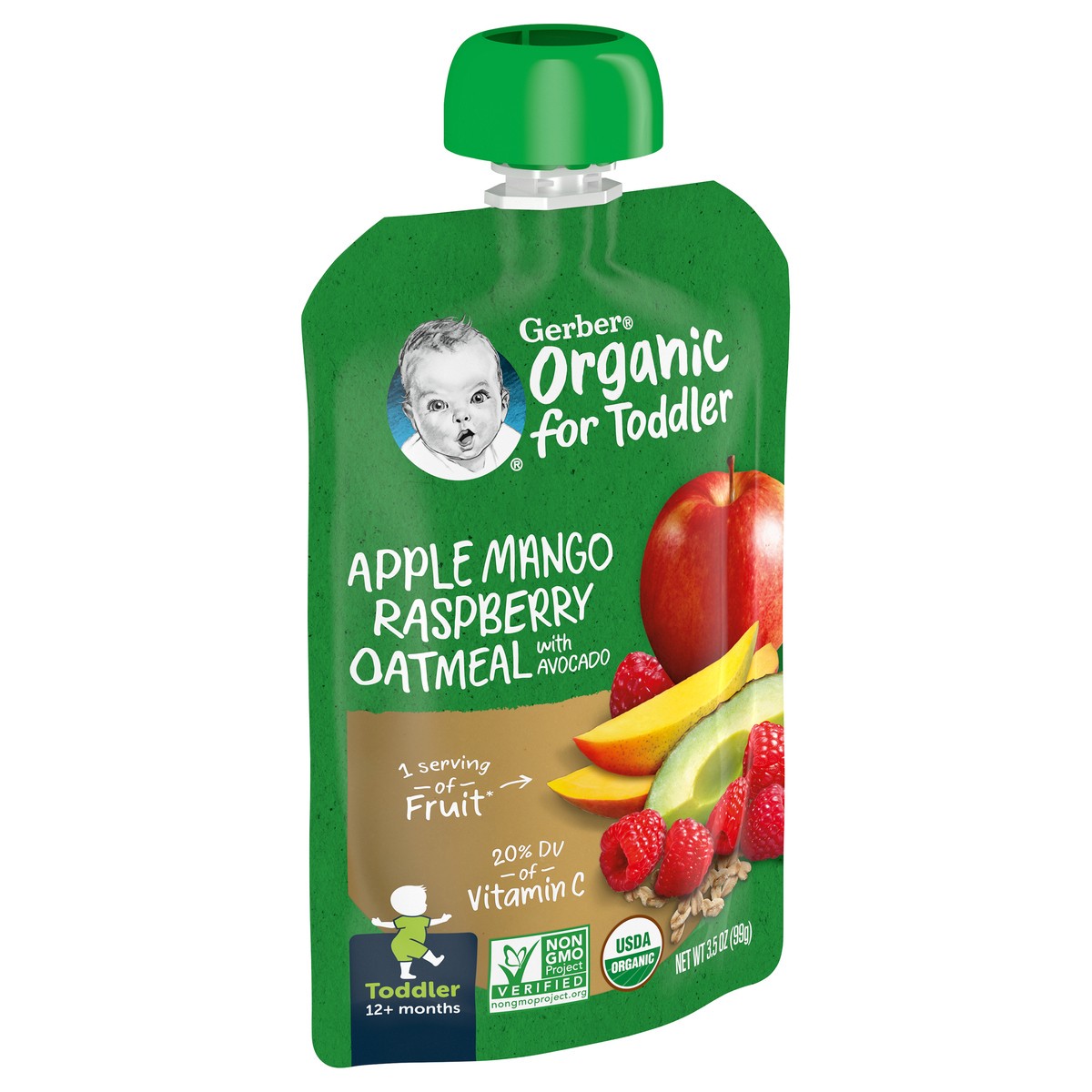 slide 2 of 9, Gerber Organic for Toddler Apple Mango Raspberry Oatmeal with Avocado Toddler Food, 3.5 oz. Pouch, 3.5 oz