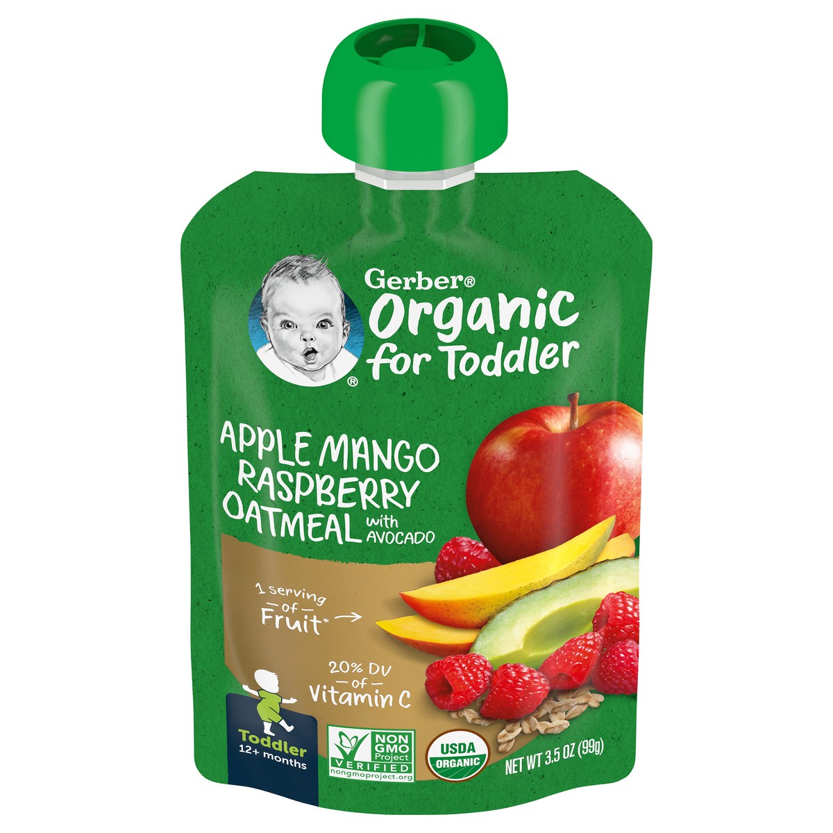 slide 1 of 9, Gerber Organic for Toddler Apple Mango Raspberry Oatmeal with Avocado Toddler Food, 3.5 oz. Pouch, 3.5 oz