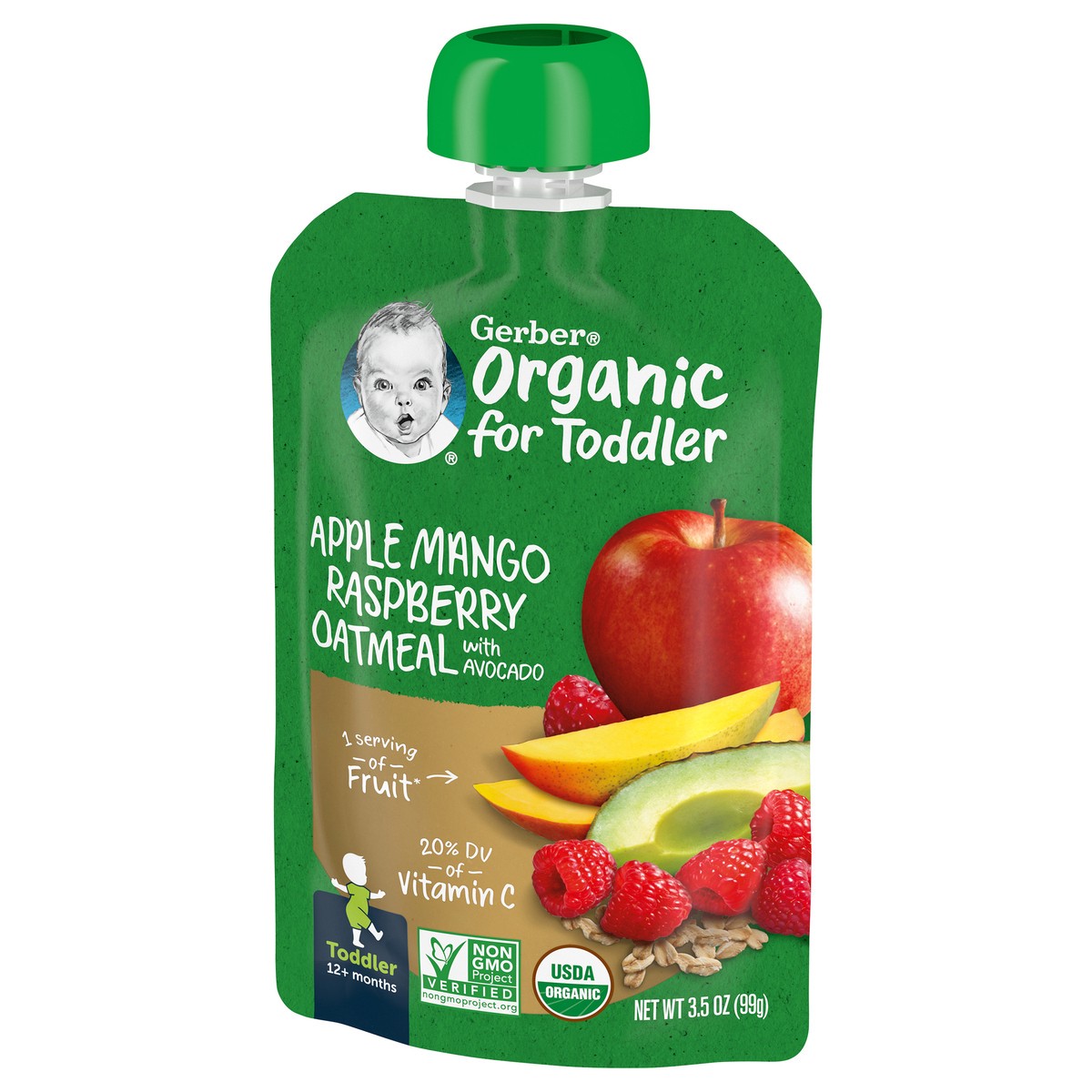 slide 4 of 9, Gerber Organic for Toddler Apple Mango Raspberry Oatmeal with Avocado Toddler Food, 3.5 oz. Pouch, 3.5 oz