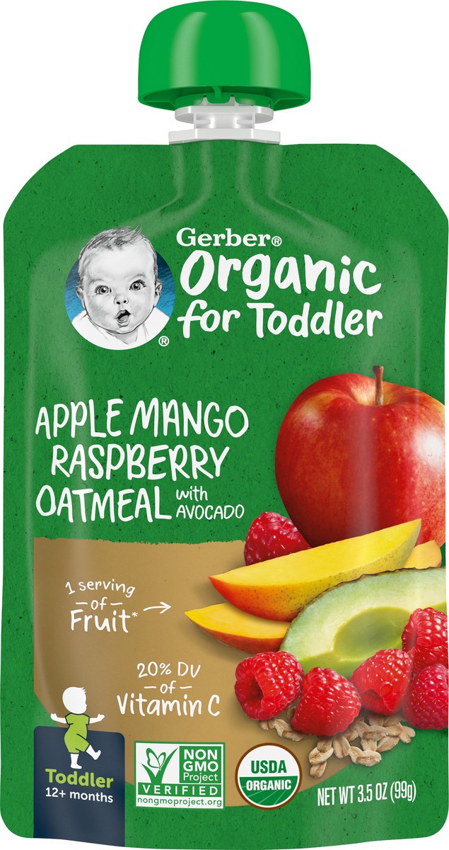 slide 5 of 9, Gerber Organic for Toddler Apple Mango Raspberry Oatmeal with Avocado Toddler Food, 3.5 oz. Pouch, 3.5 oz