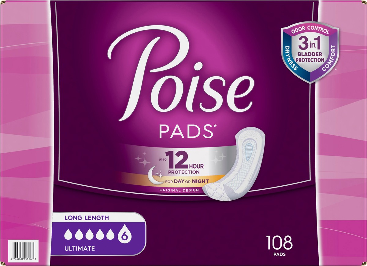 slide 2 of 9, Poise Long Length Ultimate Pads 108 ea, 