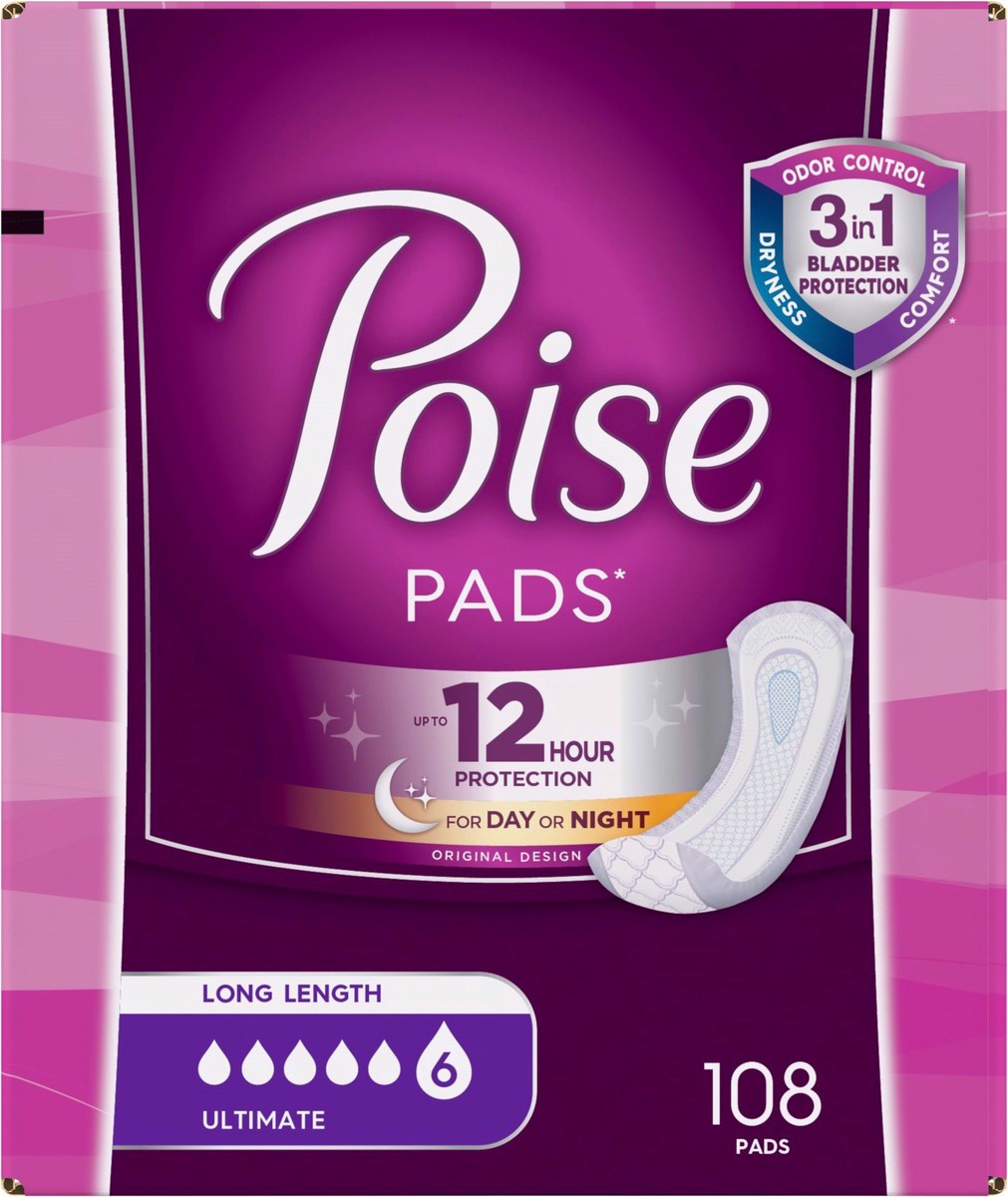 slide 3 of 9, Poise Long Length Ultimate Pads 108 ea, 