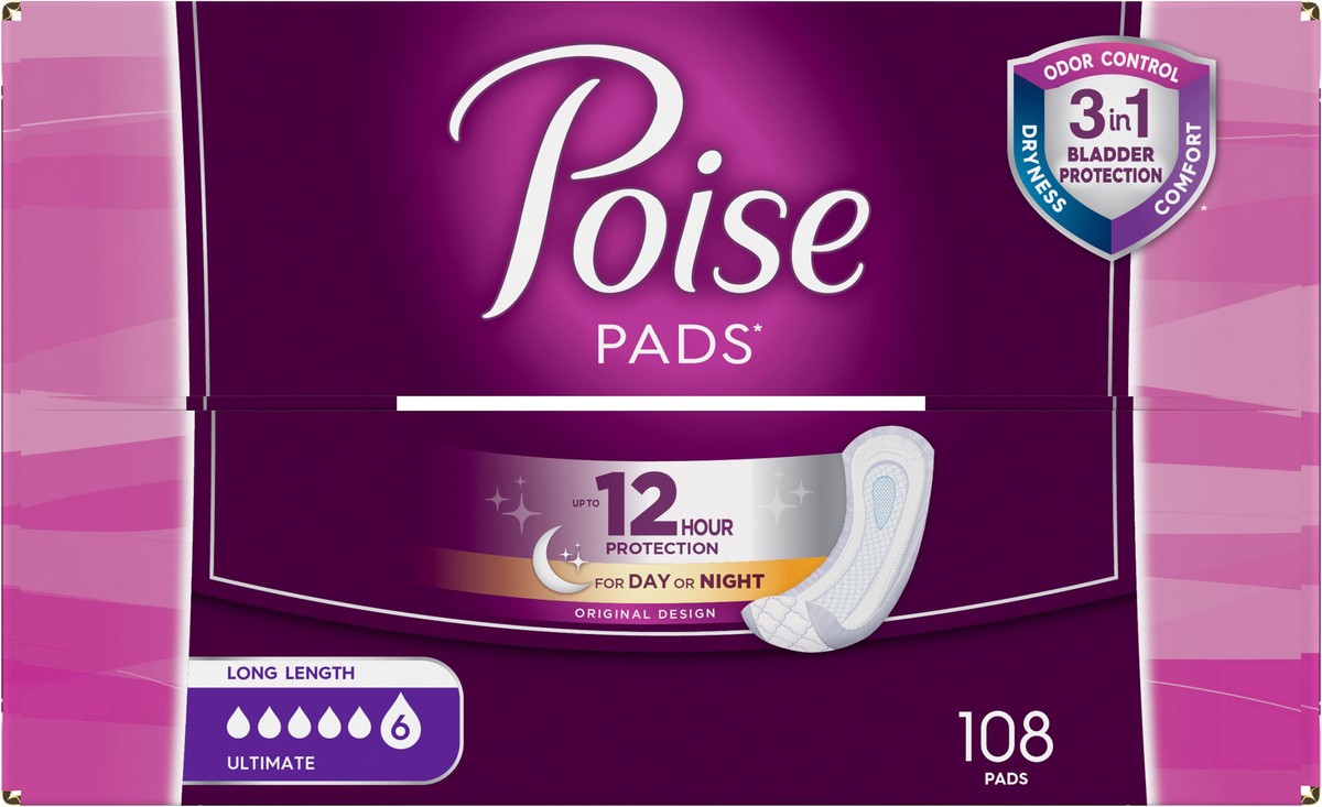 slide 4 of 9, Poise Long Length Ultimate Pads 108 ea, 