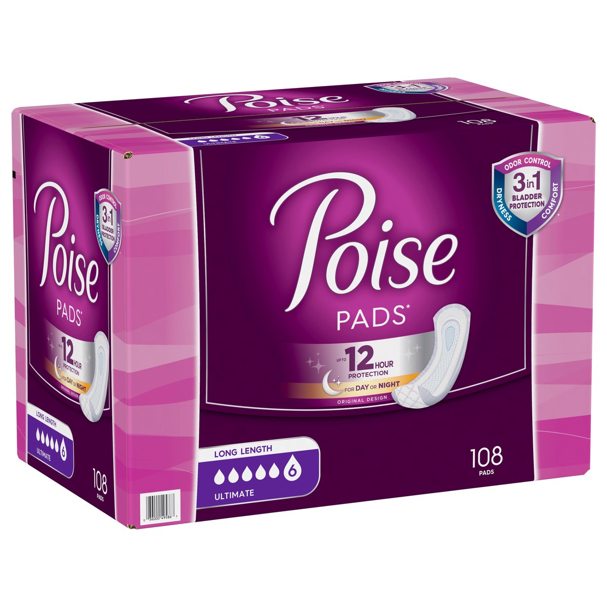 slide 5 of 9, Poise Long Length Ultimate Pads 108 ea, 