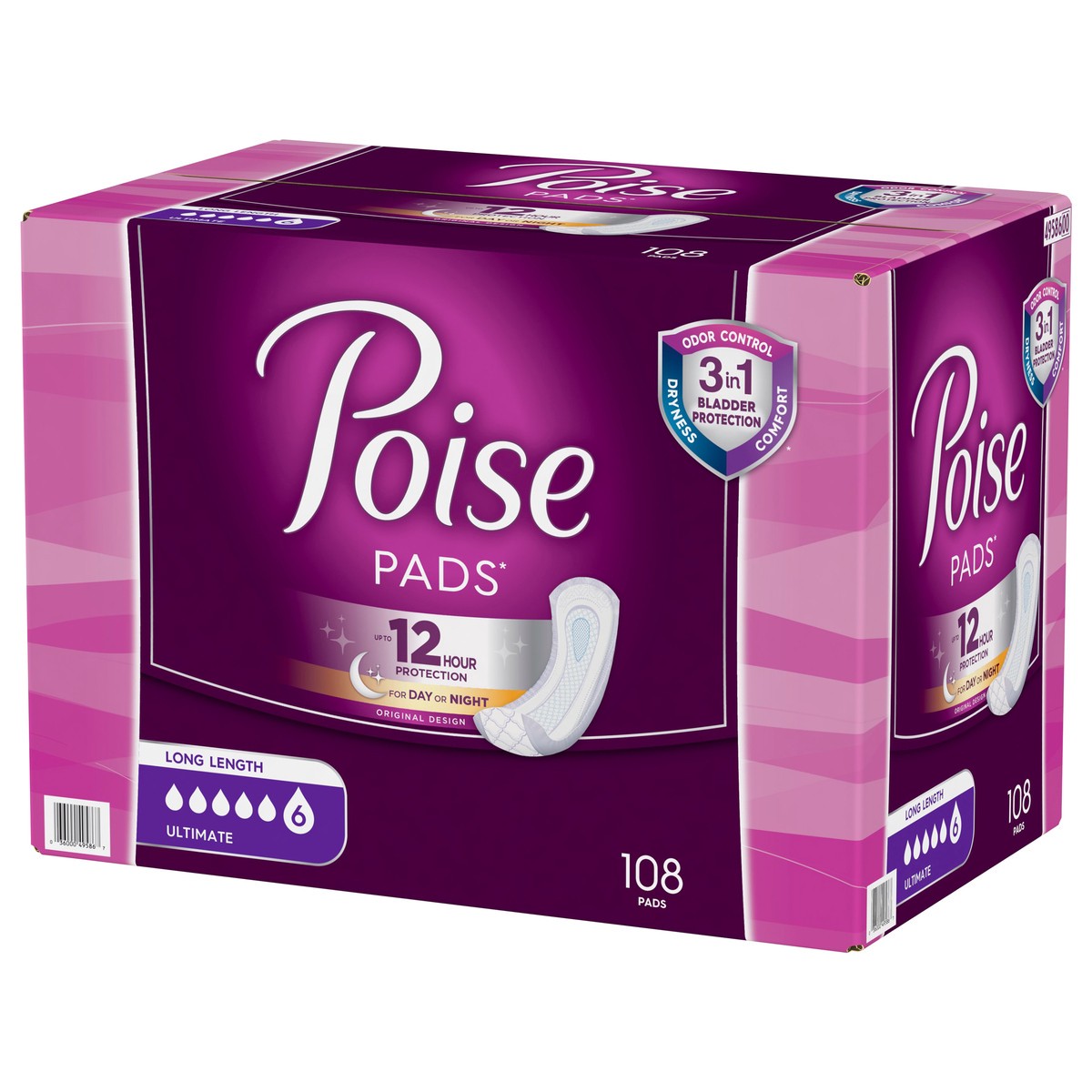 slide 6 of 9, Poise Long Length Ultimate Pads 108 ea, 