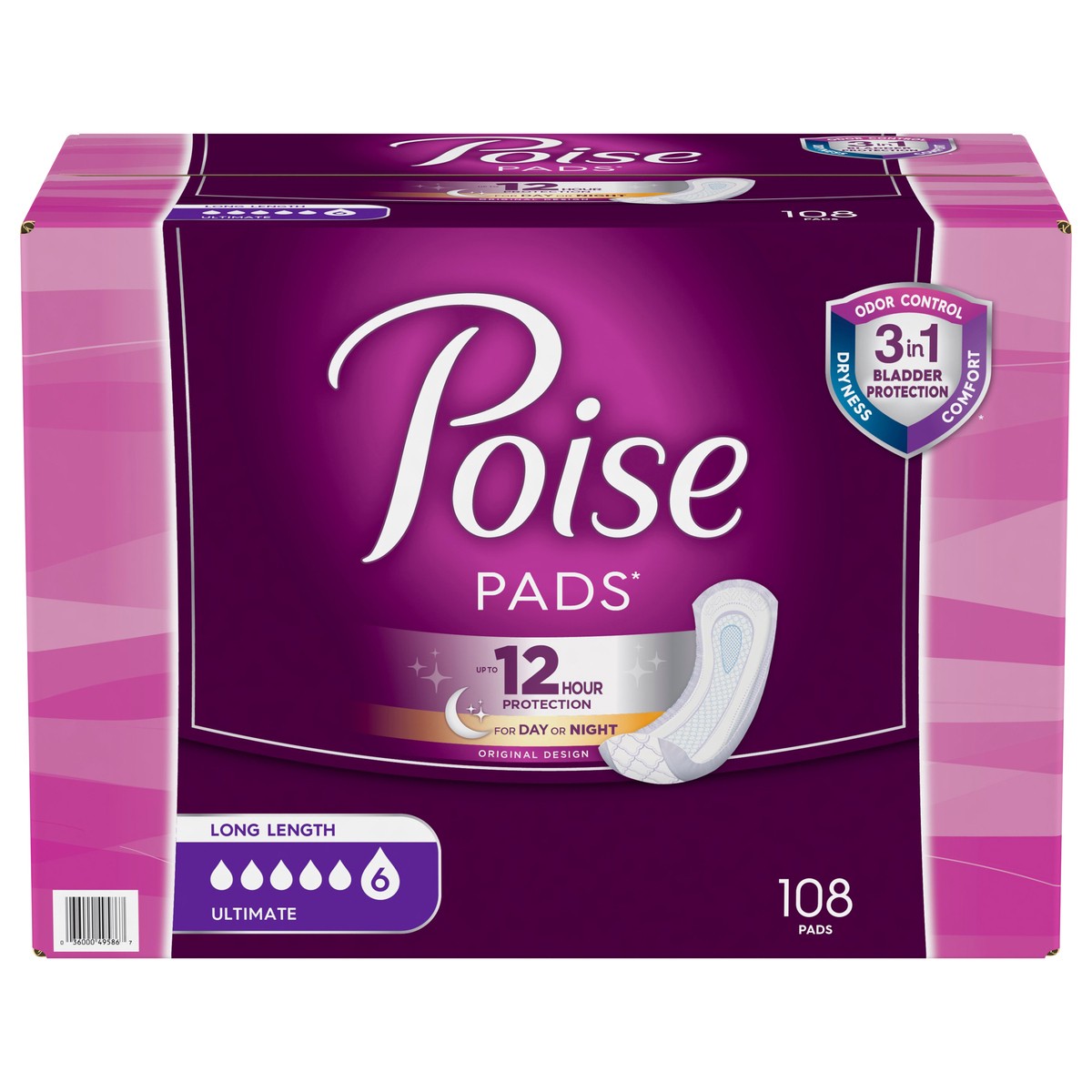 slide 1 of 9, Poise Long Length Ultimate Pads 108 ea, 