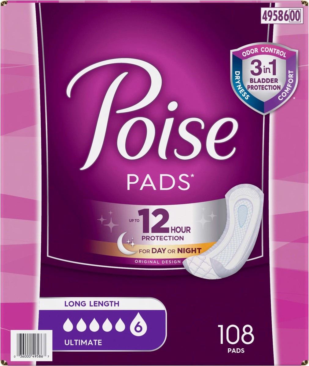 slide 9 of 9, Poise Long Length Ultimate Pads 108 ea, 