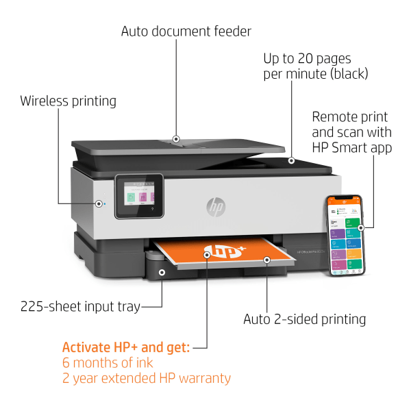 slide 8 of 10, HP Inc. OfficeJet Pro 8025e Wireless All-In-One Color Printer, Scanner, Copier, Fax with Instant Ink and HP+ (1K7K3A), 1 ct