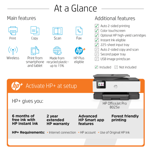 slide 7 of 10, HP Inc. OfficeJet Pro 8025e Wireless All-In-One Color Printer, Scanner, Copier, Fax with Instant Ink and HP+ (1K7K3A), 1 ct