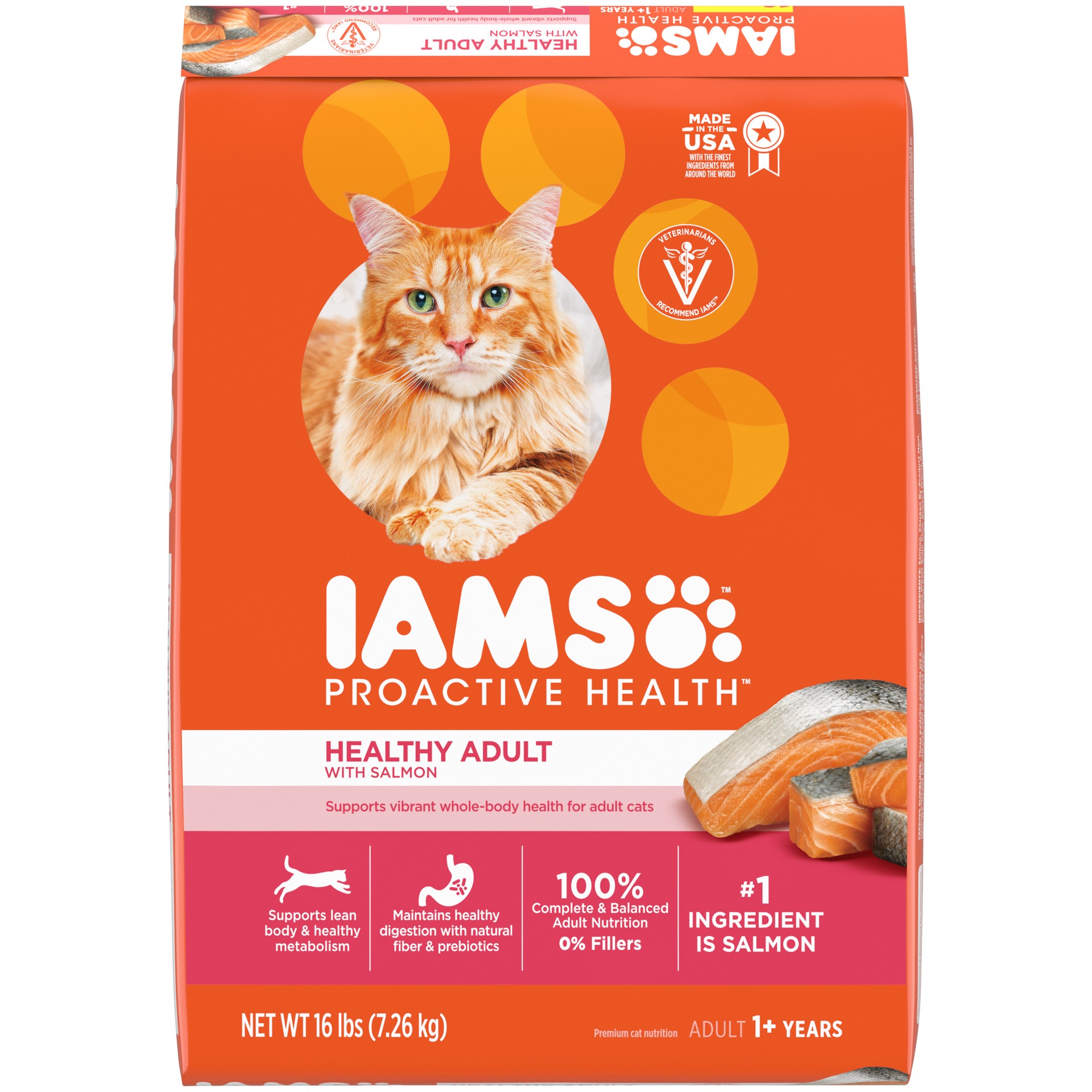 slide 1 of 5, IAMS PROACTIVE HEALTH Adult Healthy Dry Cat Food with Salmon Cat Kibble, 16 lb. Bag, 16 lb