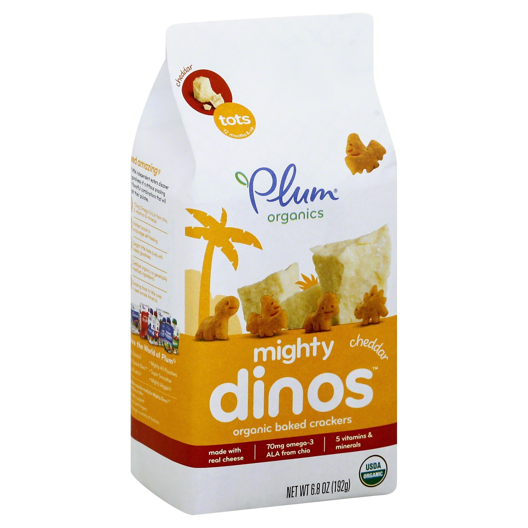 slide 1 of 4, Plum Organics Mighty Dinos Cheddar Crackers, 6.8 oz