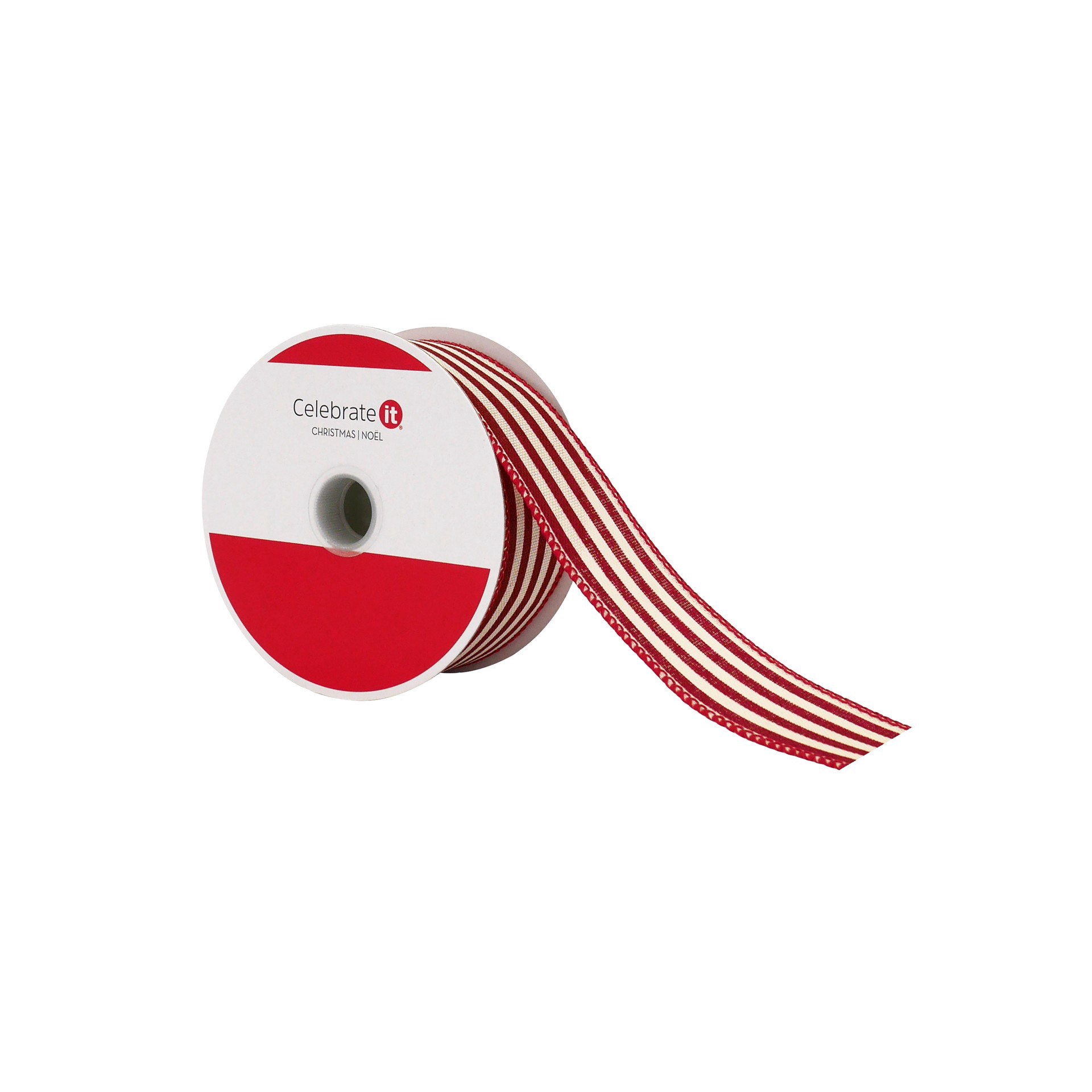 slide 2 of 3, 1.5" X 30ft. Red Ticking Stripes Wired Ribbon By Celebrate It, 1.5 in x 30 ft
