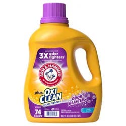 ARM & HAMMER Plus OxiClean with Odor Blasters Liquid Laundry Detergent, Laundry Odor Remover, Attacks Stains, Fresh Burst Scent, 74 Loads, 96.2 Fl Oz
