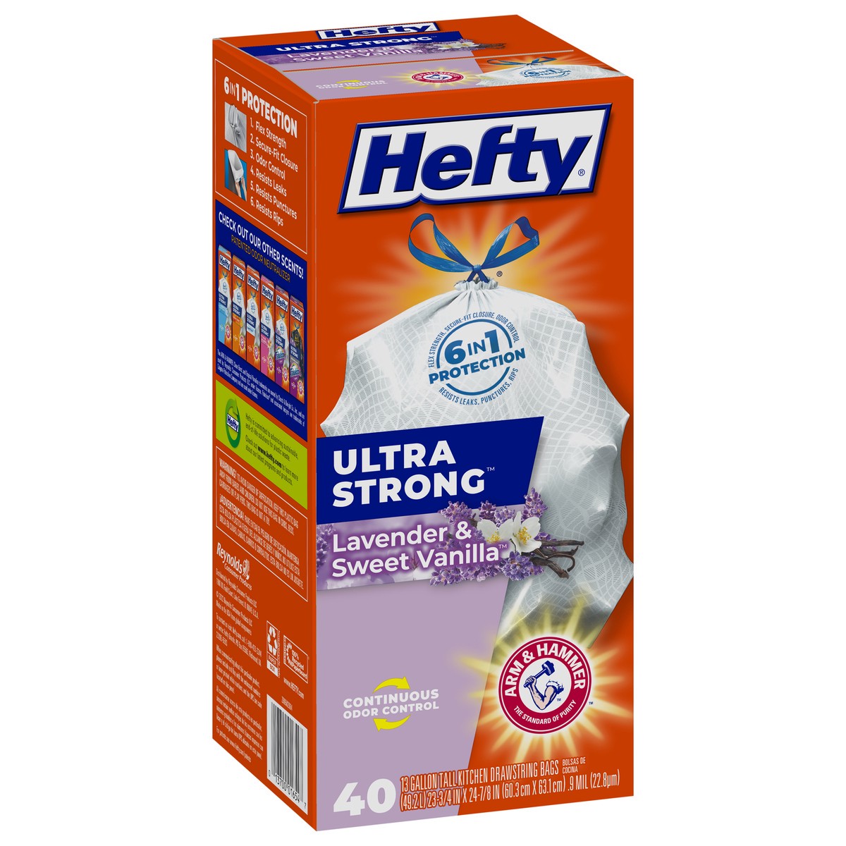 slide 7 of 9, Hefty Ultra Strong 13 Gallon Trash Bags, Tall Kitchen Trash Bags, White, Lavender and Sweet Vanilla Scent, 40 Bags, 1.83 lb