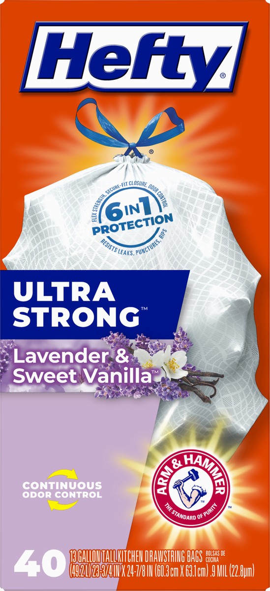 slide 9 of 9, Hefty Ultra Strong 13 Gallon Trash Bags, Tall Kitchen Trash Bags, White, Lavender and Sweet Vanilla Scent, 40 Bags, 1.83 lb