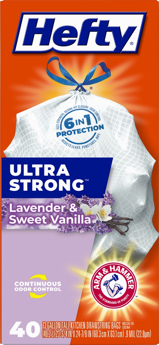 slide 6 of 9, Hefty Ultra Strong 13 Gallon Trash Bags, Tall Kitchen Trash Bags, White, Lavender and Sweet Vanilla Scent, 40 Bags, 1.83 lb