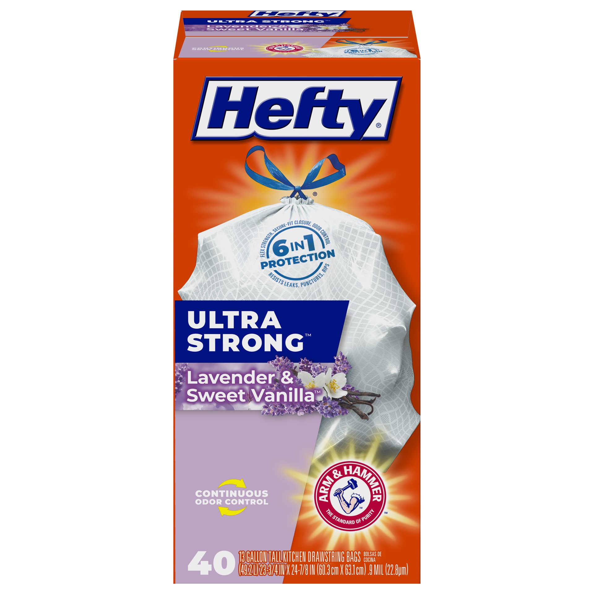 slide 1 of 9, Hefty Ultra Strong 13 Gallon Trash Bags, Tall Kitchen Trash Bags, White, Lavender and Sweet Vanilla Scent, 40 Bags, 1.83 lb