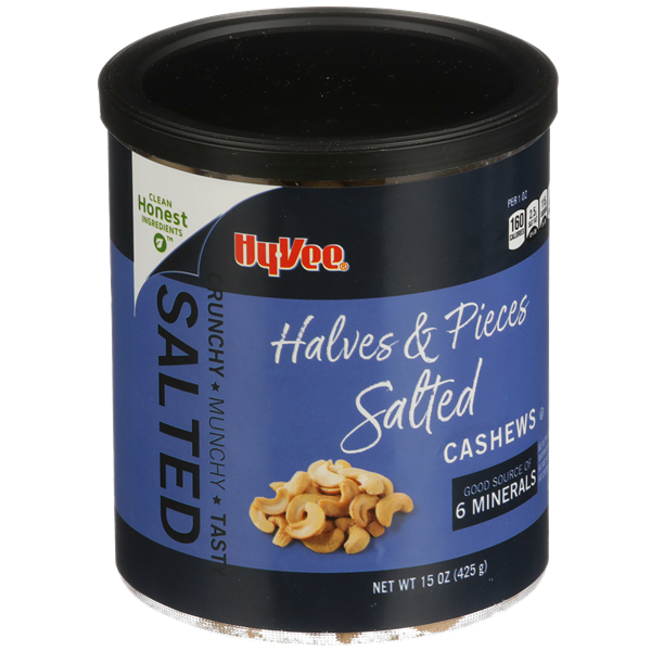 slide 1 of 1, Hy-Vee Halves & Pieces Salted Cashews, 15 oz