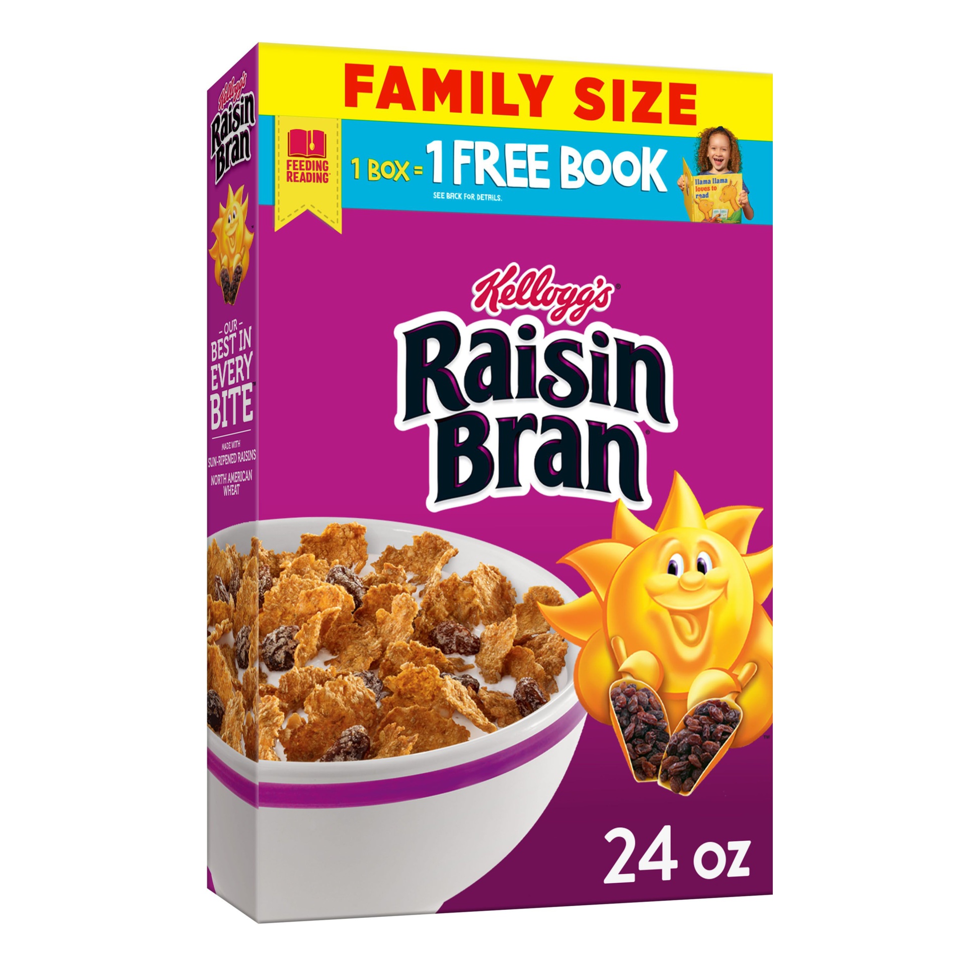 slide 1 of 5, Kellogg's Raisin Bran Breakfast Cereal, High Fiber Cereal, Made with Real Fruit, Original, 24 oz