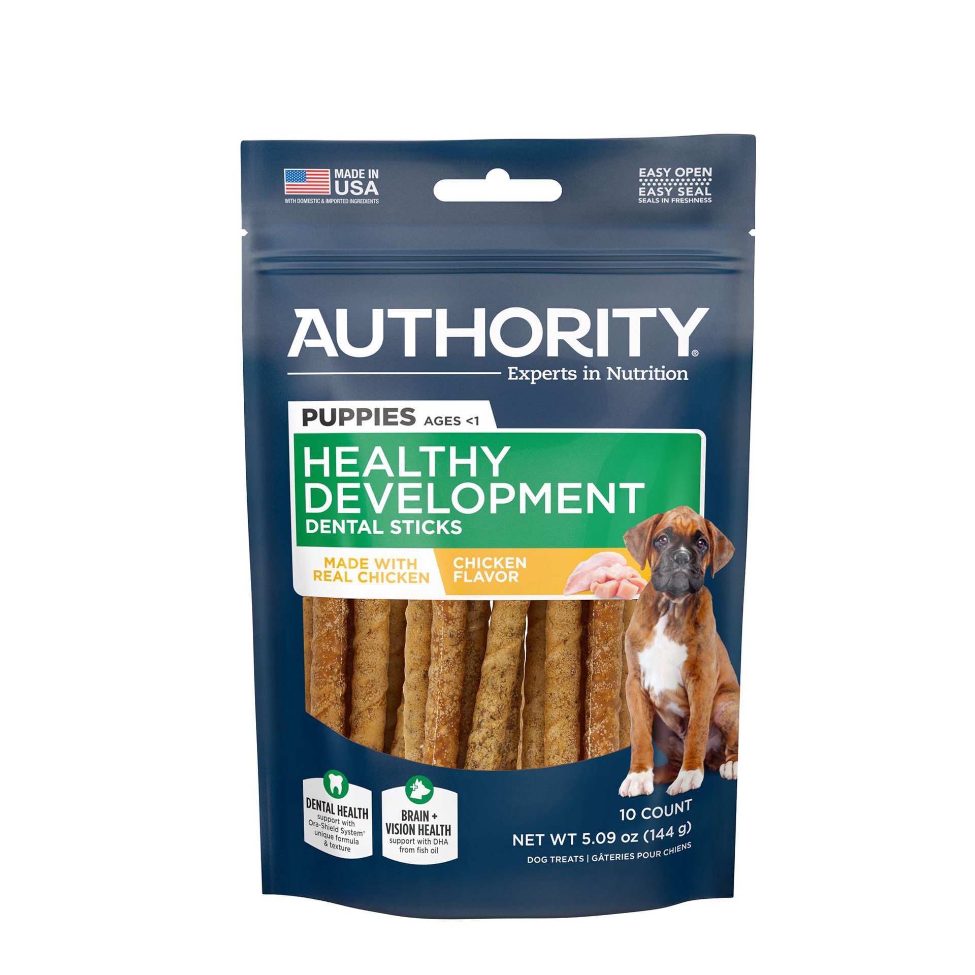 slide 1 of 1, Authority Puppy Dog Dental Treat - Chicken, 10 Count, 10 ct