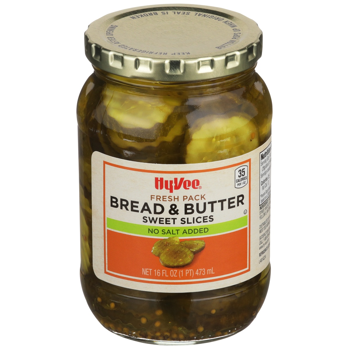 slide 1 of 1, Hy-vee Bread & Butter No Salt Added Sweet Slices - 16 fl oz, 16 fl oz