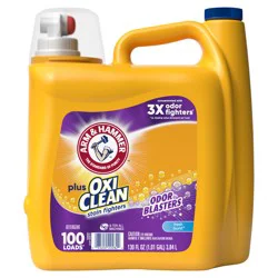 ARM & HAMMER Plus OxiClean with Odor Blasters Liquid Laundry Detergent, Laundry Odor Remover, Attacks Stains, Fresh Burst Scent, 100 Loads, 130 Fl Oz
