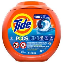 Tide PODS laundry detergent pacs, 3-in-1 Stain Remover, Odor Fighter, Color Protector, 42 Count, HE compatible, Original Scent