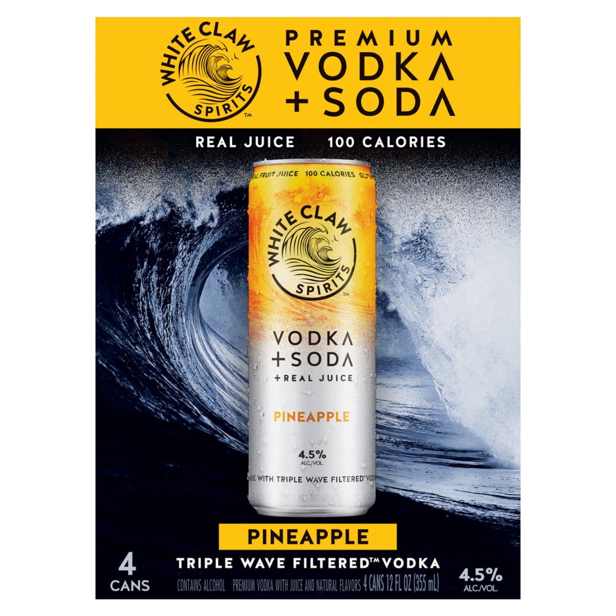 slide 1 of 1, White Claw Spirits Vodka + Soda Pineapple, 4 Pack, 4 ct; 12 oz
