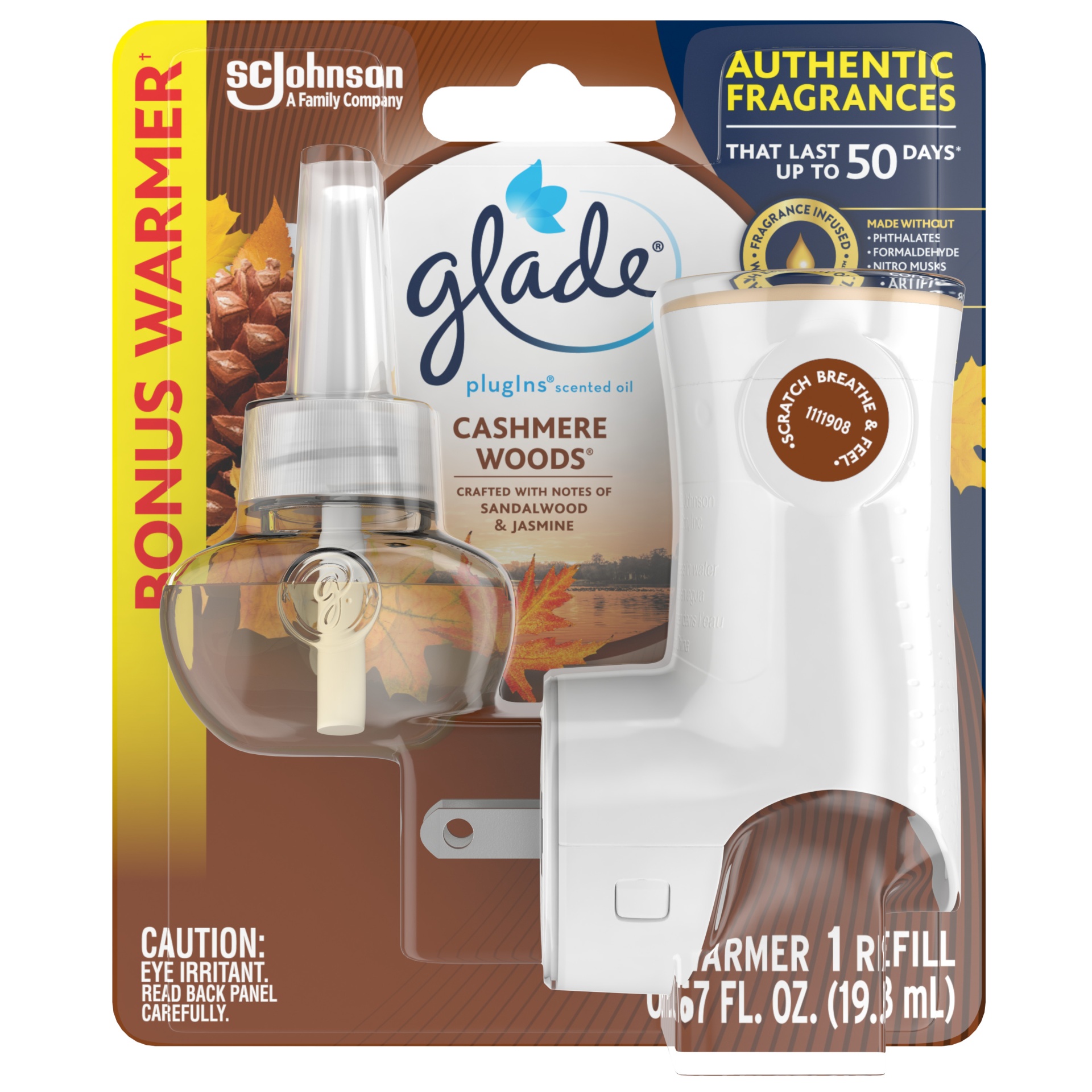 slide 1 of 29, Glade PlugIns Cashmere Woods Warmer & Scented Oil Refill, 0.6 oz