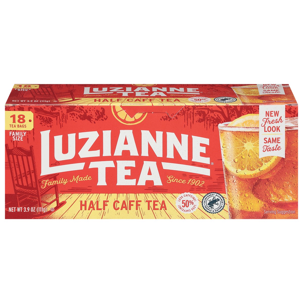 slide 1 of 9, Luzianne Half Caff Tea Family Size 18 Tea Bags, 18 ct