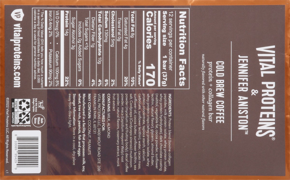 slide 7 of 9, Vital Proteins & Jennifer Aniston Cold Brew Coffee Protein + Collagen Bar Bars - 12 ct, 12 ct