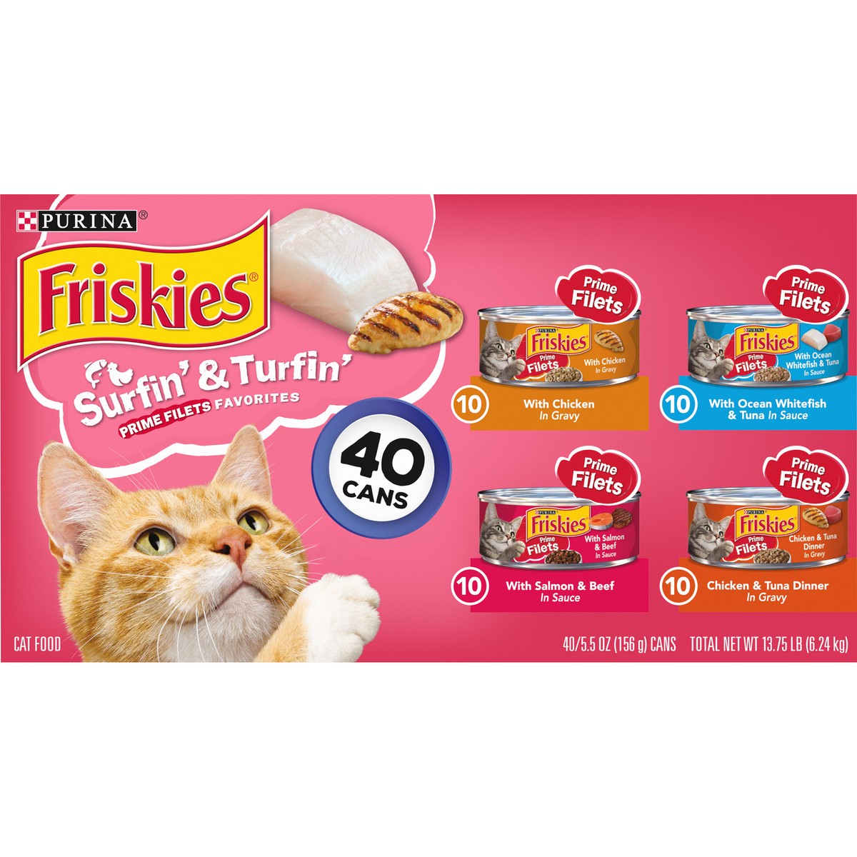 slide 1 of 8, Friskies Purina Friskies Wet Cat Food Variety Pack, Surfin' & Turfin' Prime Filets Favorites - (40) 5.5 oz. Cans, 40 ct; 5.5 oz