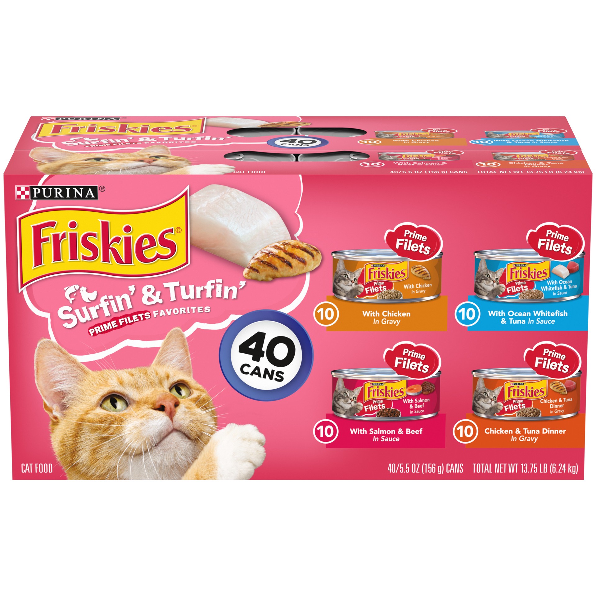 slide 1 of 8, Friskies Purina Friskies Wet Cat Food Variety Pack, Surfin' & Turfin' Prime Filets Favorites, 40 ct; 5.5 oz