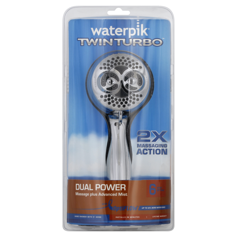 slide 1 of 1, Waterpik PowerSpray+ Twin Turbo Shower Head, Hand Held, Chrome, 1 ct