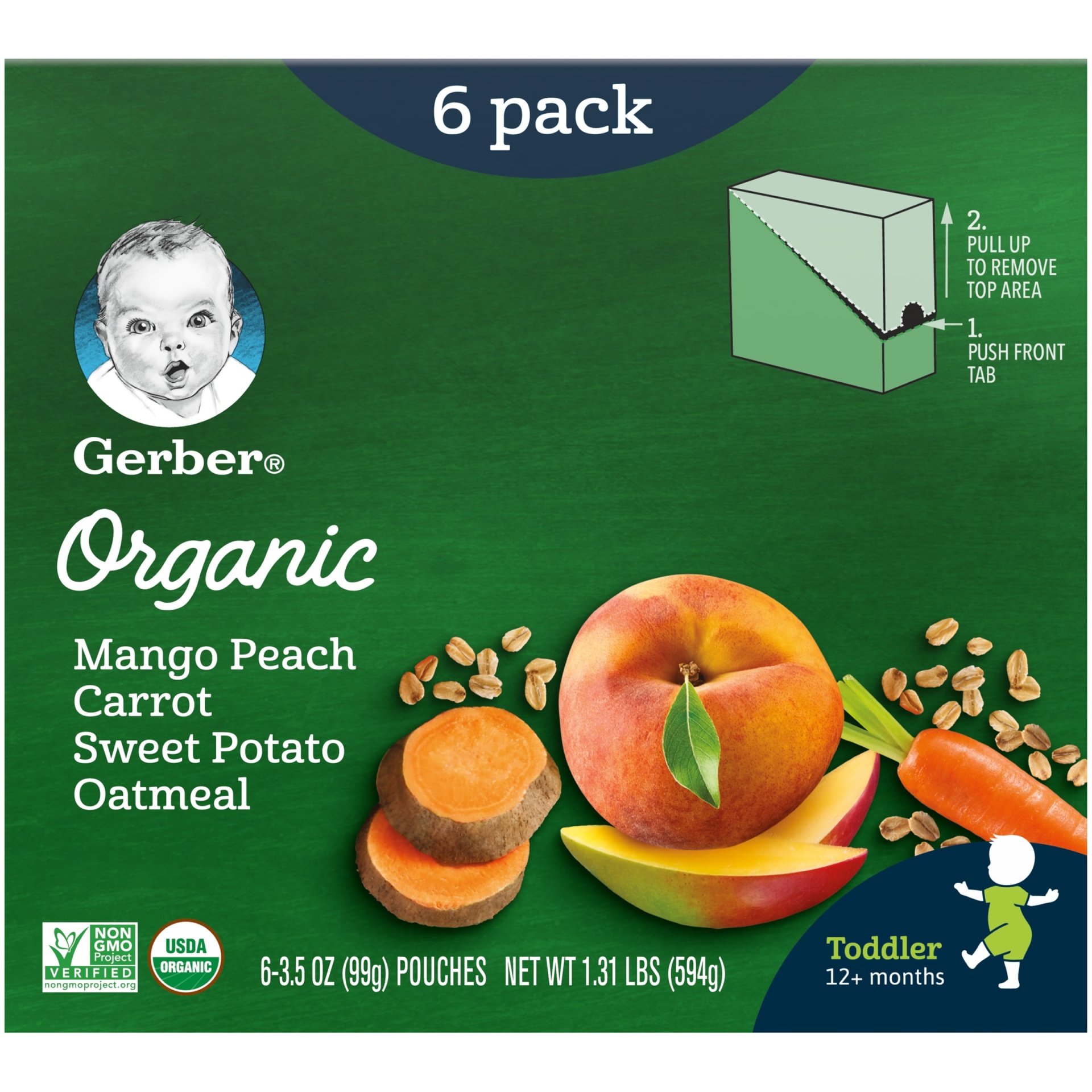 slide 1 of 9, Gerber 2nd Foods Organic Mango Peach Carrot Sweet Potato Oatmeal Baby Food 6-3.5 Oz. Pouches, 1.31 lb