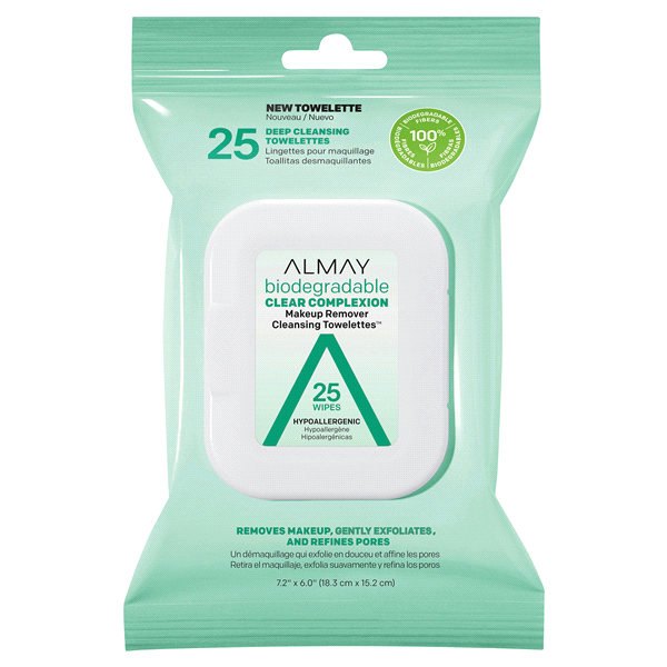 slide 1 of 3, Almay Biodegradable Clear Complexion Makeup Remover Cleansing Towelettes, 25 ct