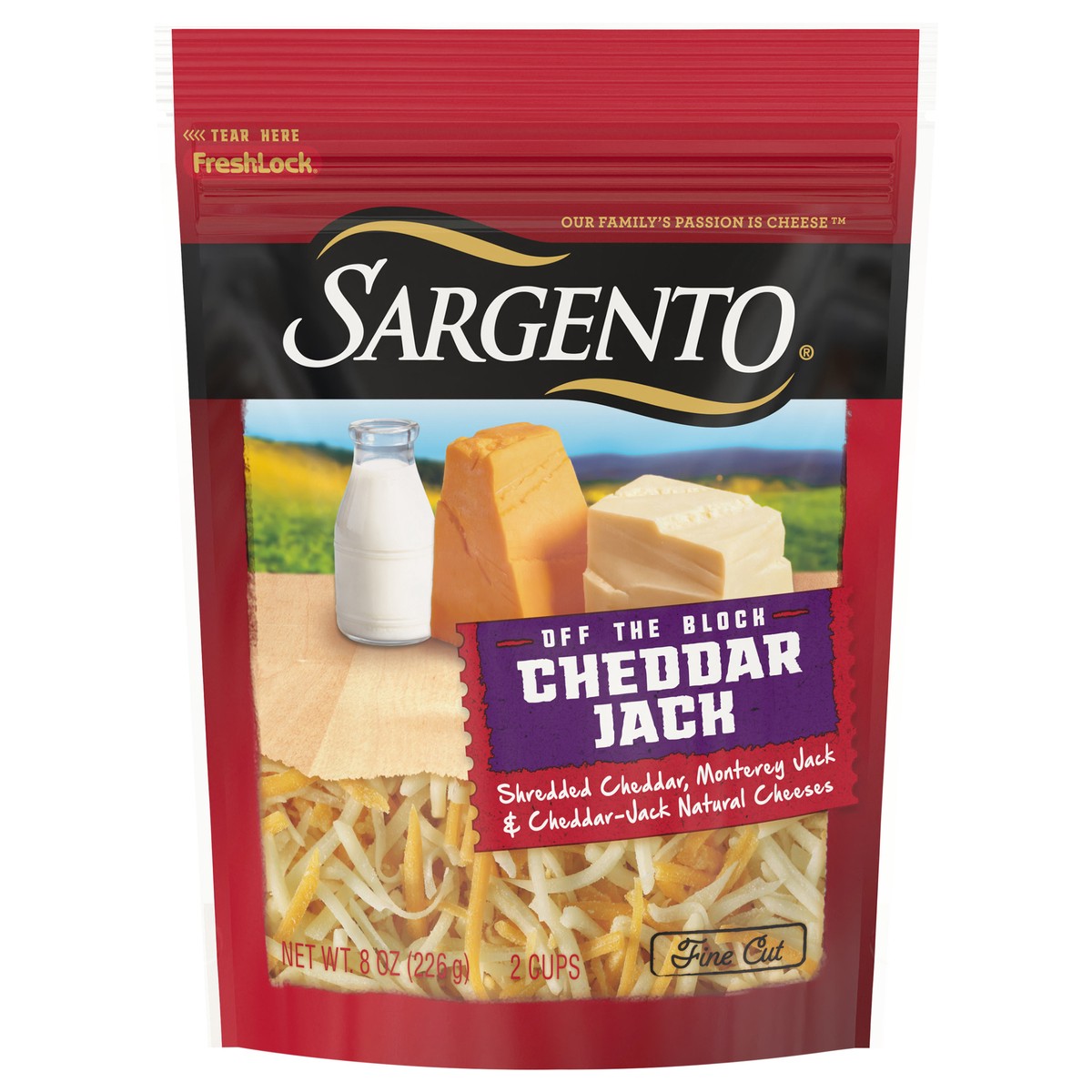 slide 1 of 7, Sargento Off the Block Cheddar Jack Fine Cut Shredded Cheese, 8 oz