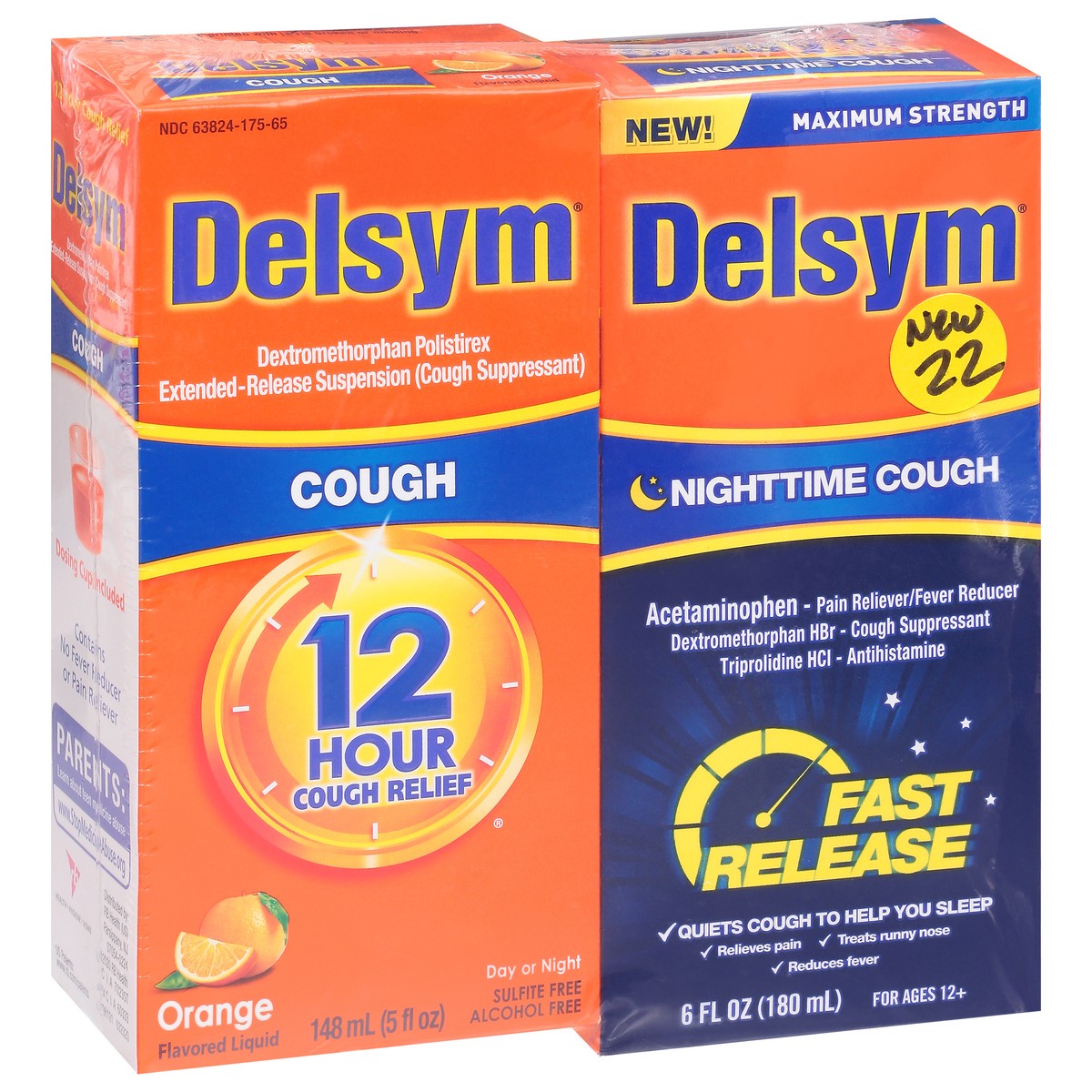 slide 5 of 10, Delsym Day/Night Maximum Strength Orange Flavor Cough Syrup 2 ea, 2 ct