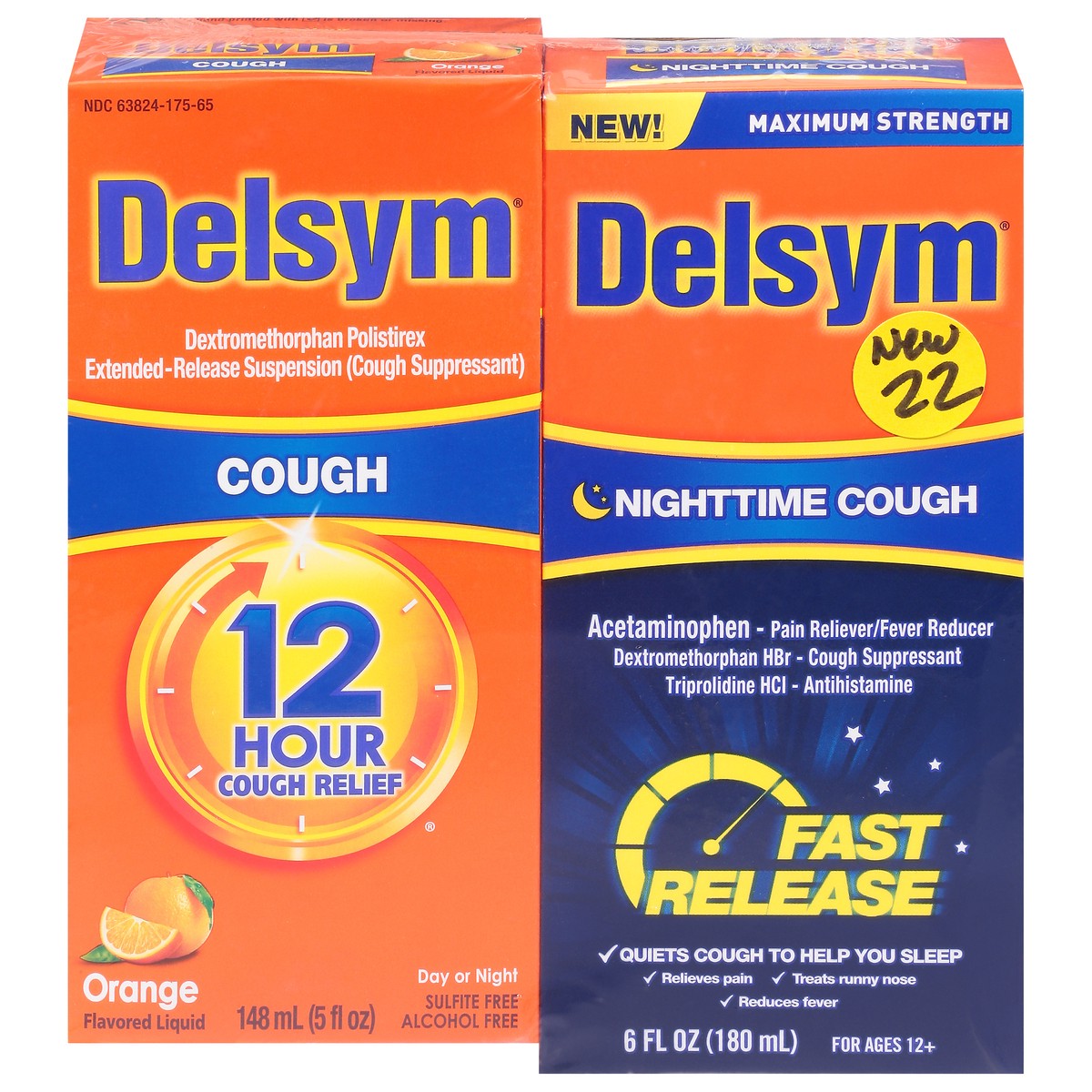 slide 1 of 10, Delsym Day/Night Maximum Strength Orange Flavor Cough Syrup 2 ea, 2 ct