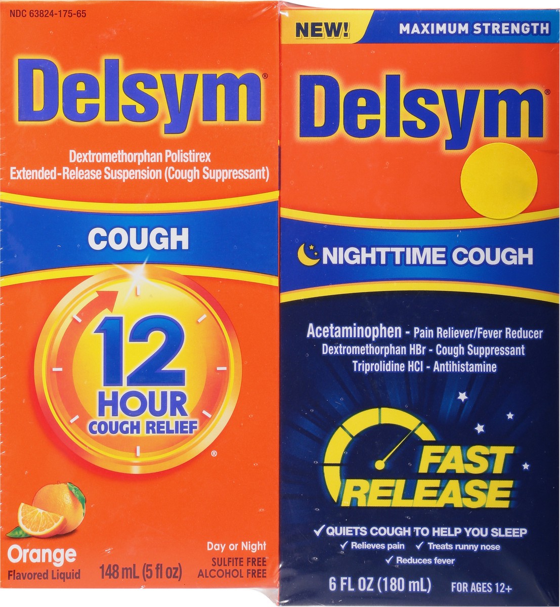 slide 2 of 10, Delsym Day/Night Maximum Strength Orange Flavor Cough Syrup 2 ea, 2 ct