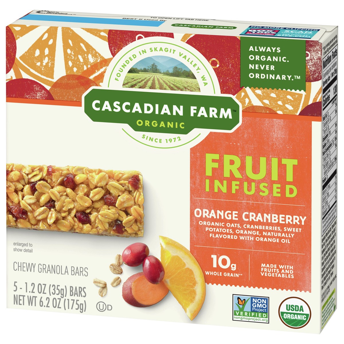 slide 4 of 11, Cascadian Farm Organic Fruit Infused Chewy Orange Cranberry Granola Bars 5 Bars 1.2 oz Wrapper 5 ea Box, 5 ct