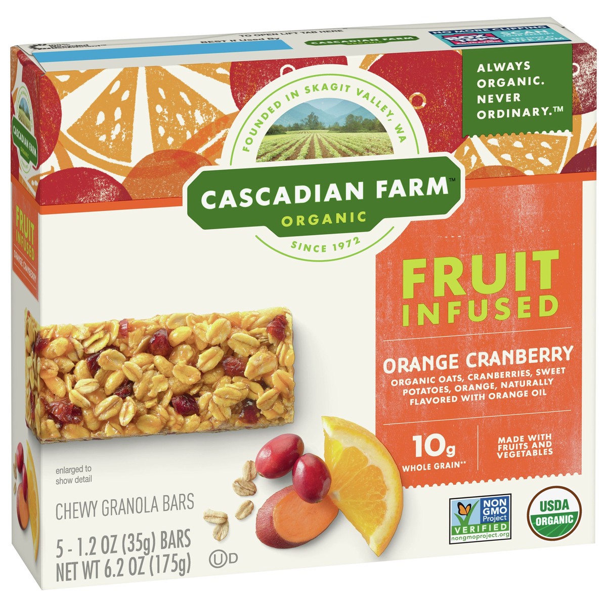 slide 7 of 11, Cascadian Farm Organic Fruit Infused Chewy Orange Cranberry Granola Bars 5 Bars 1.2 oz Wrapper 5 ea Box, 5 ct